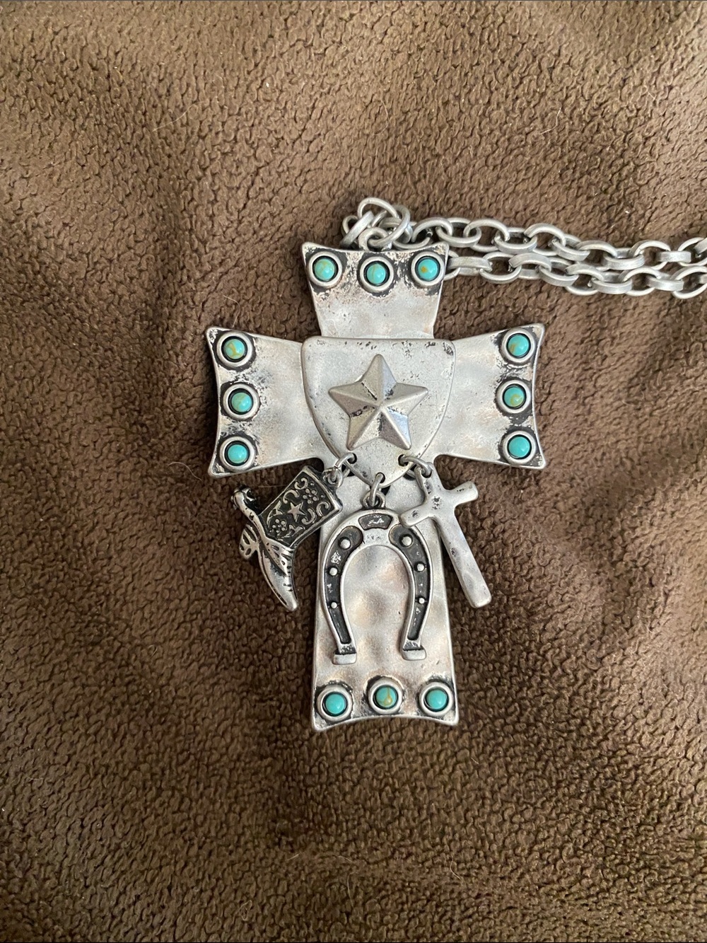 OORI Western Cross Turquoise Cowboy Charm Long Necklace NWT